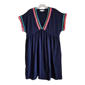 BODEN Women's 12 Shift Dress Navy Blue Multicolor Crochet Trim Beach Resort